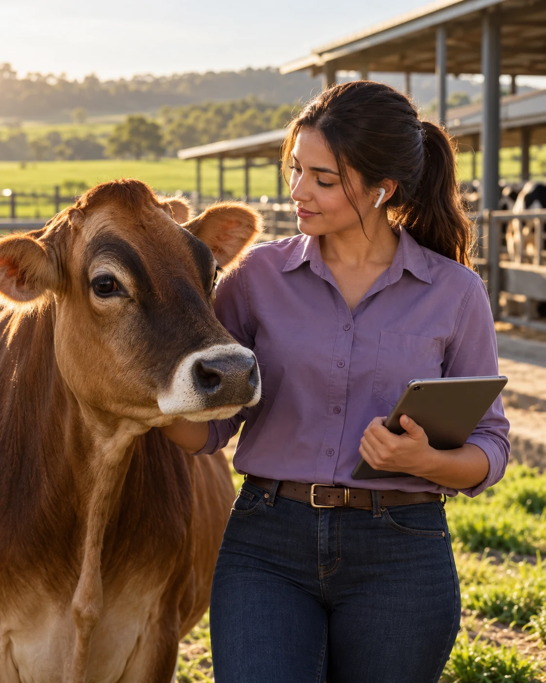 Cena ilustrativa de uma profissional da área animal com tablet ao lado de uma vaca em uma fazenda