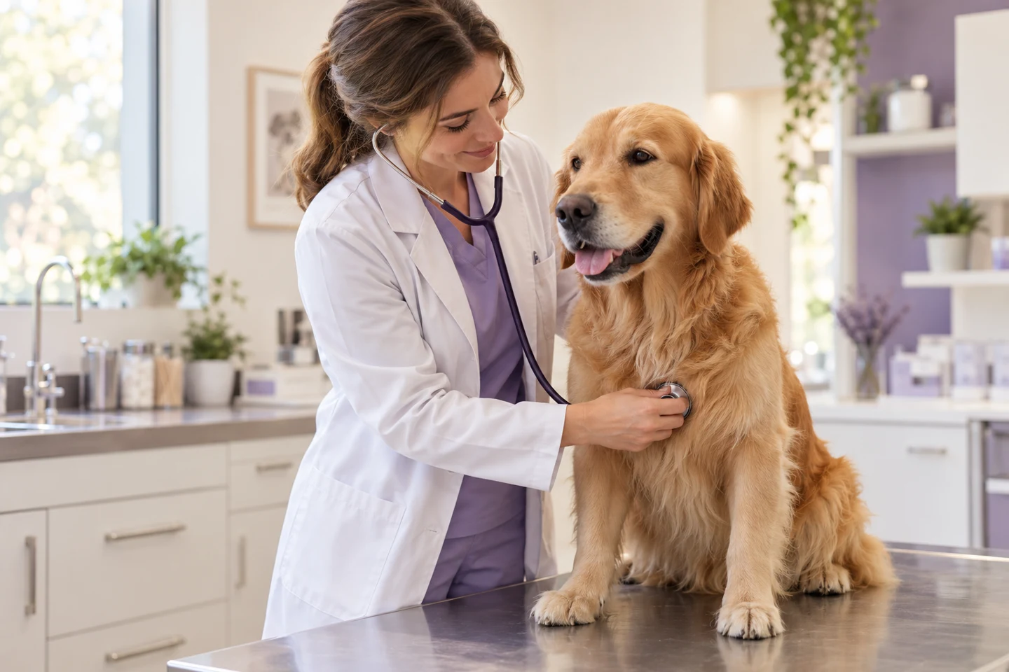 Cena ilustrativa de uma veterinária examinando um cão em uma clínica
